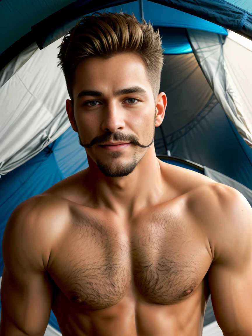 masterpiece, best quality, high resolution, closeup portrait of two guys, male focus, 2 guys, men, gay kiss, makimg out  gay touch gay passion, young and old, bare chest, blonde hair, dimples, pretty face, seductive, attractive, cute smirk, short trimmed mustache and goatee, hairy legs, in a tent, in the background a tent, amazing composition, front view, HDR, volumetric lighting, ultra quality, elegant, highly detailed