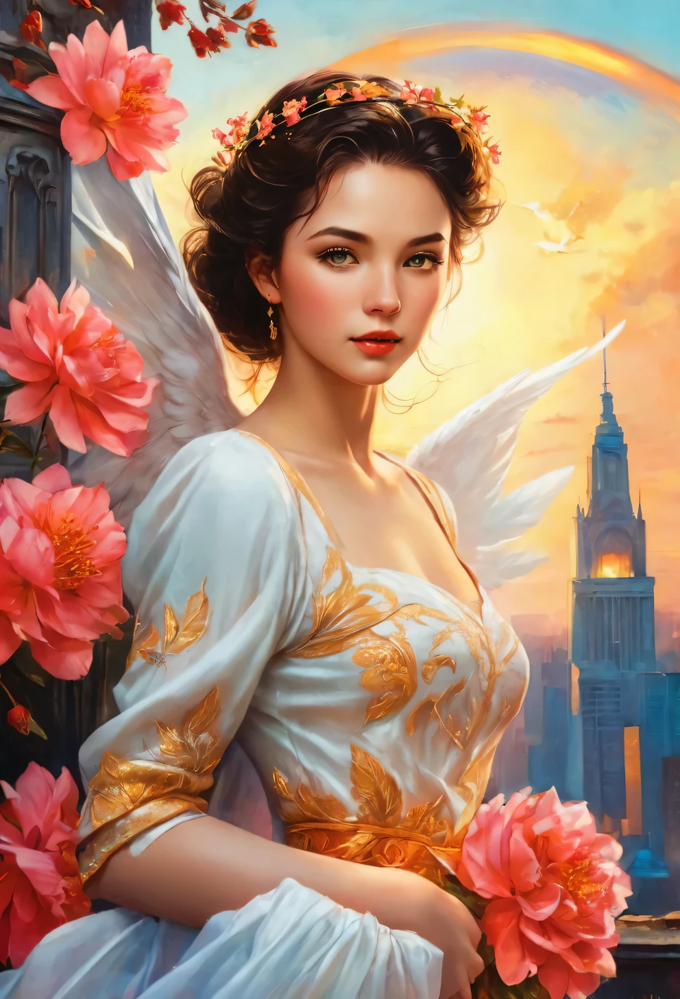 (best quality:1.2,ultra-detailed,photorealistic),angel of light,white cloth,sadness look,pure white wings,cities burn,a person fall first,realistic