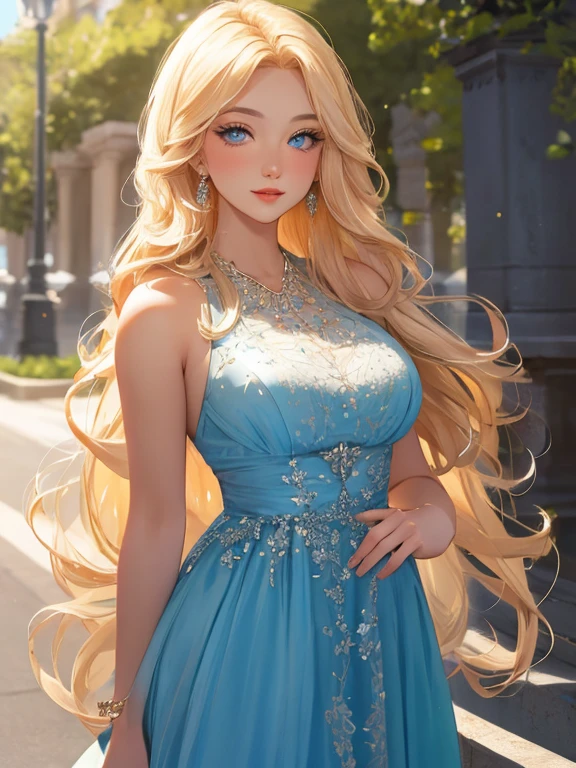  an incredibly beautiful femme fatale young woman with long golden hair, long bangs, blue eyes, dressed in a light summer dress.  Romance. A masterpiece. Full-length image. Detailed drawing of the face. Masterpiece, perfect drawing, realistic drawing, full-length drawing, detailed study, 8k. full-length image, realistic image, dynamic image, detailed image. an extremely detailed illustration, a real masterpiece of the highest quality, with careful drawing. anime style.