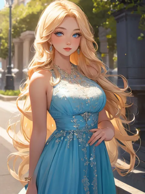  an incredibly beautiful femme fatale young woman with long golden hair, long bangs, blue eyes, dressed in a light summer dress....