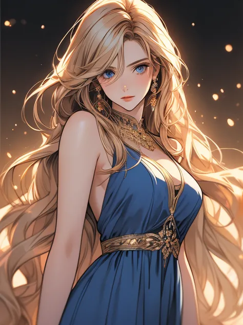 an incredibly beautiful femme fatale young woman with long golden hair, long bangs, blue eyes, dressed in a light summer dress. ...