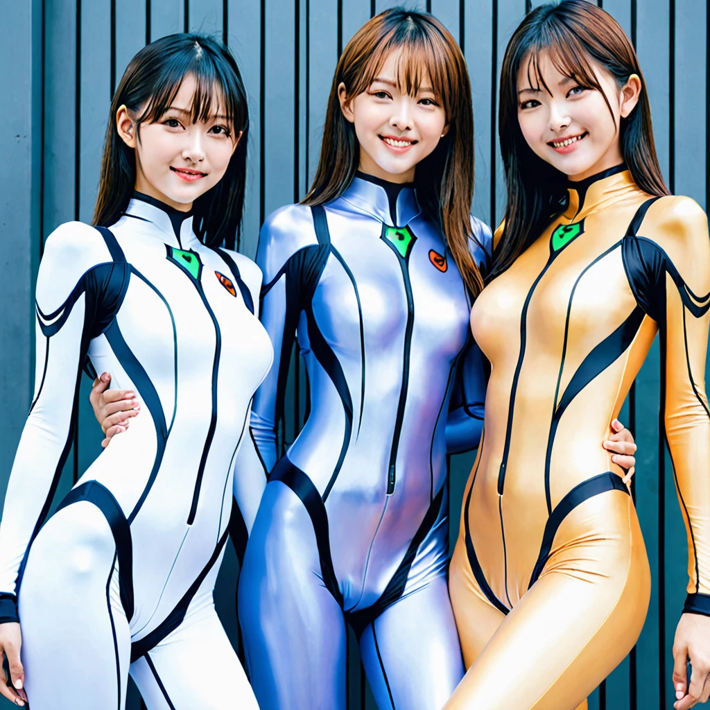 Stunning proportions、smile、Two beautiful girls、12 years old、Evangelion Suit、Skin-tight bodysuit in flesh-color、Exquisite detail、Very large breasts、Biting、Low - Angle