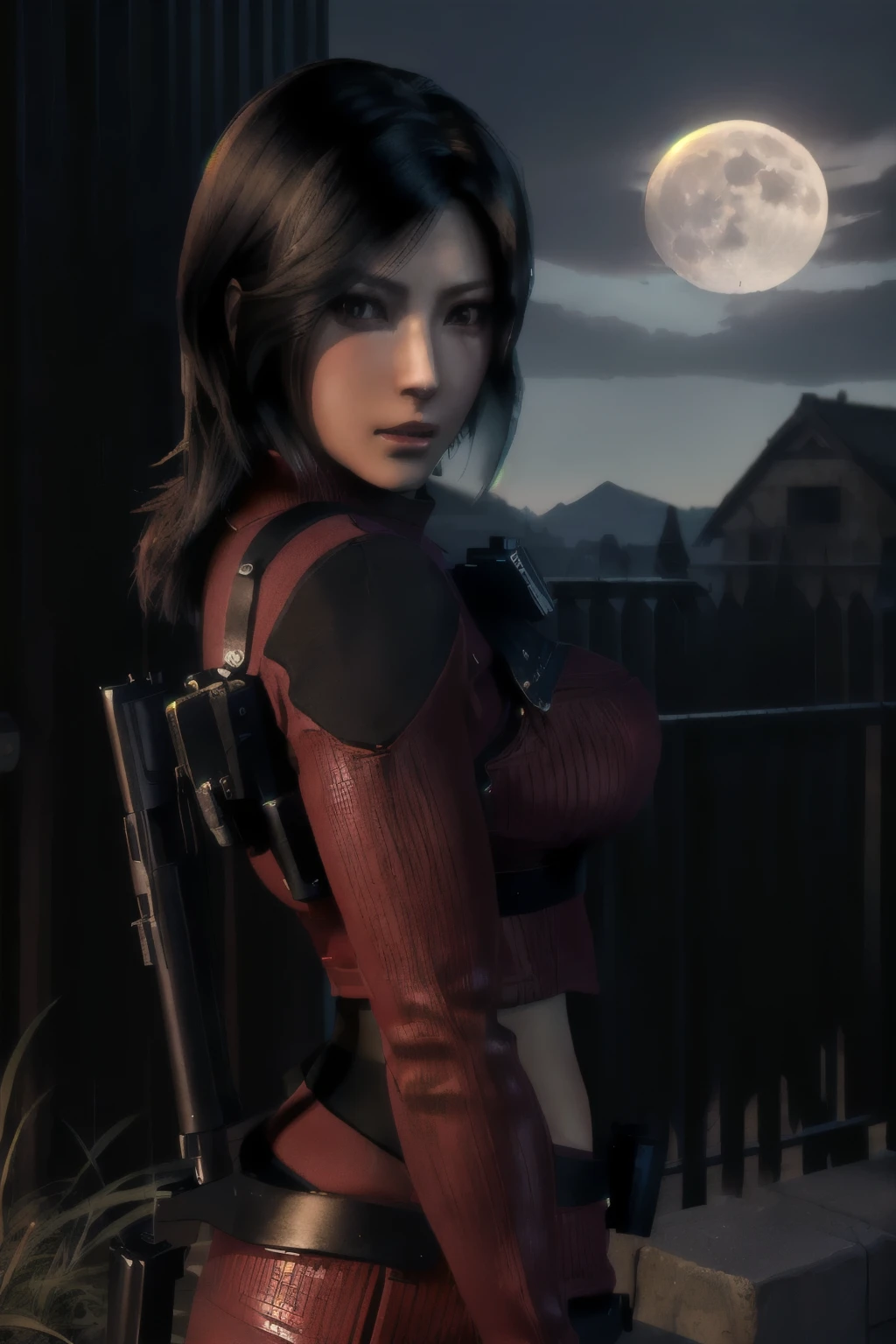 A woman in a red leather outfit holding a gun - SeaArt AI