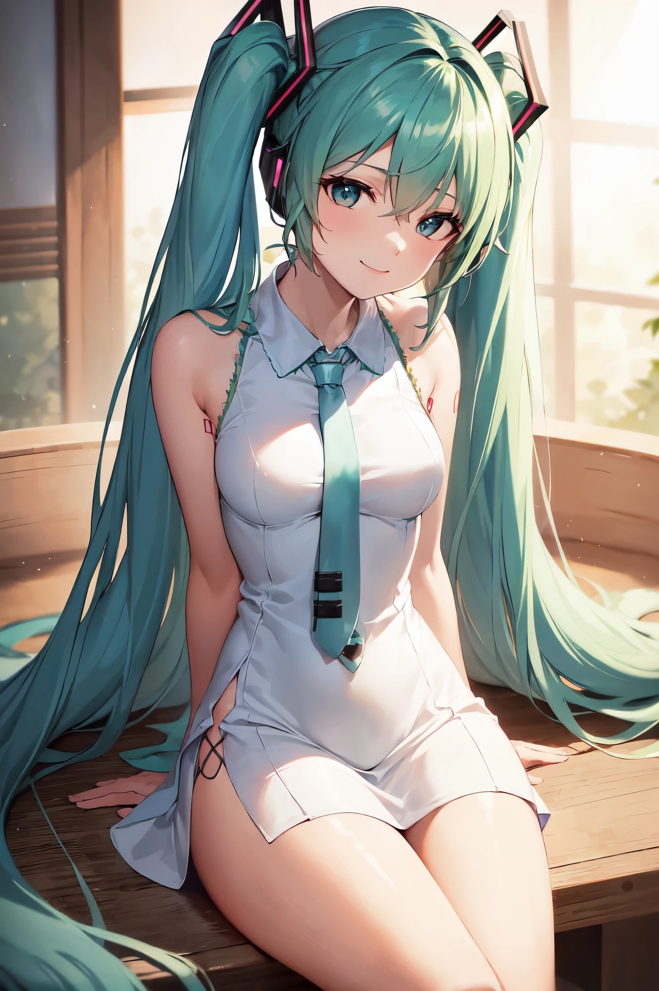 (Long flowy haircut), bokeh, ((backlit hair)) , ultra detailed, beautiful face, (((hair flowing beautifully in the wind))) , perfect smooth legs, (perfect eyes) , (defined medium sized breasts) , (((((correct anatomy))))) , ((cinematic depth of field)), (((bokeh particles))), perfect curved body, (((((Hatsune Miku))))), (((((wearing a white elegant cheongsam dress))))), white cherry blossom, wide angle view, glamour posing, smiling, elegant hair adjusting, (perfect symmetry), bokeh, enchanted forest in the background, crossed legs, ((elegant lady sitting)), looking at viewer, flower details