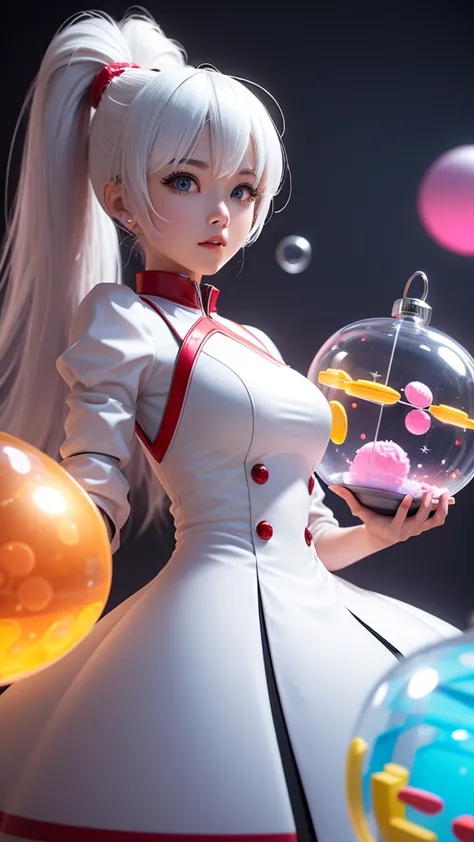 precision mech parts,3 d toys bubble ,there is a white-haired girl in the middle,red cliff,kawaii,bauhaus,rich and colorful,plas...