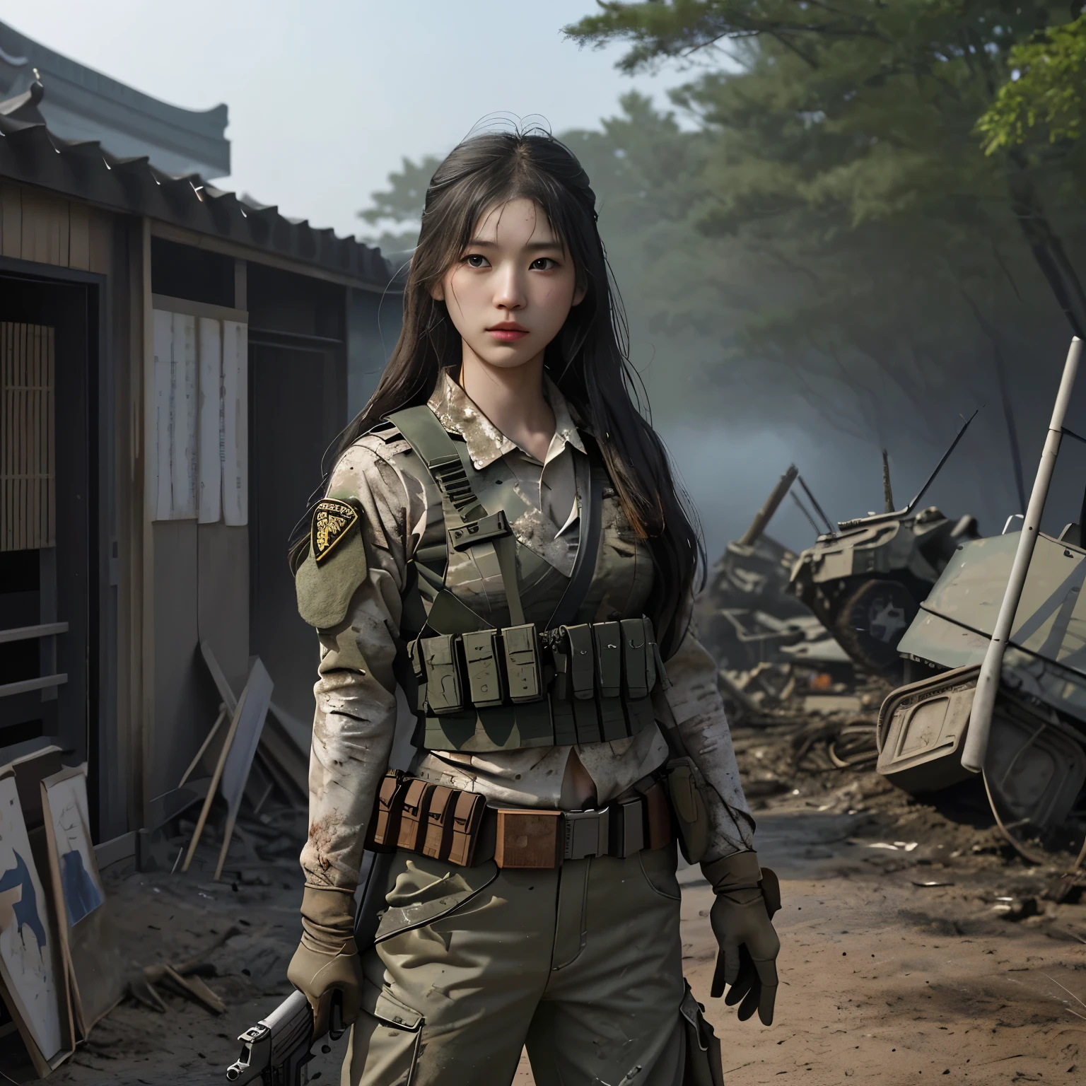 battlefieldで戦う日本の高校のセーラー服の美しい日本の16歳の女の子、Light Muscle、World war、現代warのテーマ、Army Girl、rifle、(rifleの保持: 1.3)、(rifleの照準と保持: 1.3)、Soldier Girl, Infantry Girl, Gunfight, air raid, Airstrike, military, Camouflage, burning vehicle, war地帯, battlefield, war, Remains, explosion, burning city, cigarette, (Helmet), Ripped Tank Top, belly button, gloves, Torn military trousers、Faces stained with mud and blood、Sweaty skin、bloody skin、Mud-stained skin、small、Cleavage、Sad look of despair、Painful expression、highest quality、Ultra-high resolution、Disorganized、Real、Physically Based Rendering、Cinematic lighting、Complex, cinematic look、Cinematic soft light、Calm Tones、battlefieldの背景、都市warの背景、Photorealistic、Cowboy Shots、Dynamic Angle