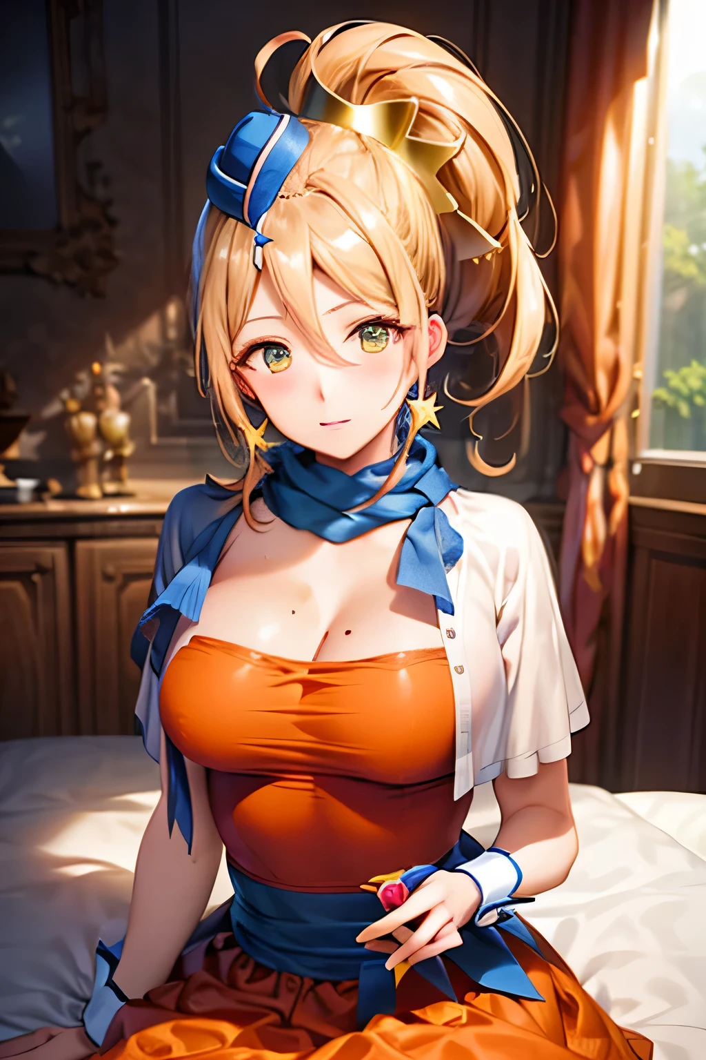 (masterpiece:1.2), best quality, high resolution, unity 8k wallpaper, (illustration:0.8), (beautiful detailed face:1.2, beautiful detailed yellow eyes:1.2), perfect lighting, extremely detailed CG, (perfect hands, perfect anatomy), 

Cute, beautiful, charming lady, shiny hair, lustrous skin, beautiful light big eyes, 
milf, married woman, soft With a gentle appearance and a gentle mother-like atmosphere,
Feminine style, beautiful kubire, beautiful, naughty face,

etoile_a, long hair, yellow hair, high ponytail, perm ponytail, yellow eyes, big breasts, jewelry, star (symbol), mini hat, blue headwear, magical girl, scarf, orange dress, wrist cuffs, orange high heels,