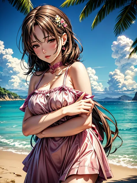 A woman hugs a teddy bear on the beach, Kawaii realistic portrait, Cute anime girl, Anime visuals of cute girls, Smooth anime CG...