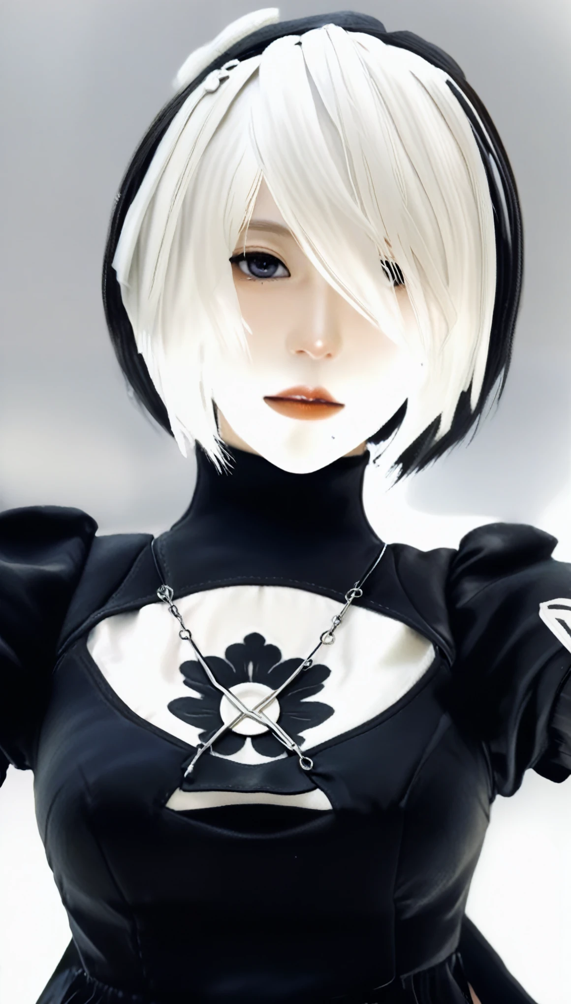 A close up of a person with a white hair and a black dress - SeaArt AI