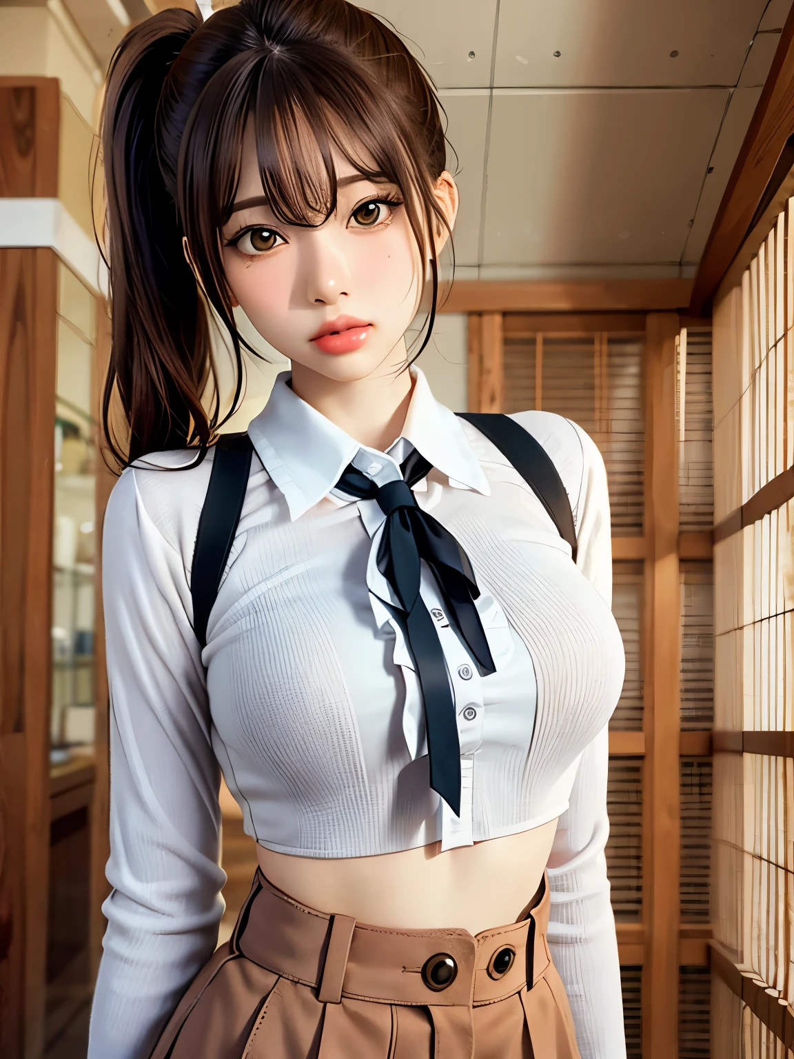 first-person view, cowboy shot,Japanese women１people, high details, highres,side ponytail, closed mouth, expressionless, unconscious, tsundere, , overexposure, anatomically correct, masterpiece, super detail,white shirt,mini skirt, UHD