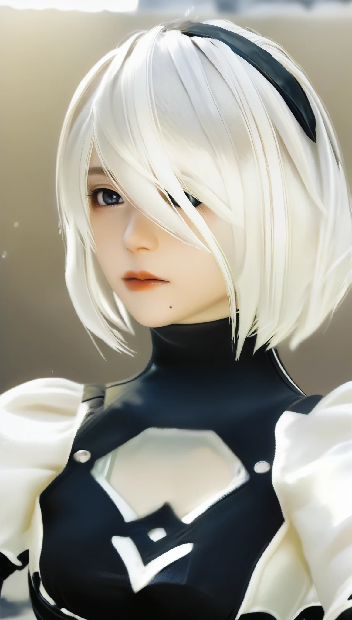 Real Selfie、nier:Beautiful cosplay of 2b from Automata、2b takes a selfie、2bのコスプレをした女性のSelfie、White skin、tall、Great style、Big Breasts、Small face、Small head、High nose、Beautiful Face、30 years old、British women、Half British、nier:2b&#39;s black costume from Automata、Stylish background、Light background、Blur the background、Fantasy city background、peace sign、((2bのSelfie))、((Focus Zoom))、((Face Enhancement))、Shooting from a diagonal angle、masterpiece、highest quality、high resolution、Cosplayer Selfie、Selfie、Professional Photoodel、Fantasy、Glaring at the audience、Angry expression、Cosplay Makeup、Real Cosplay Photo、Cool and beautiful photos、Wrapped in a pale white glow、good looking