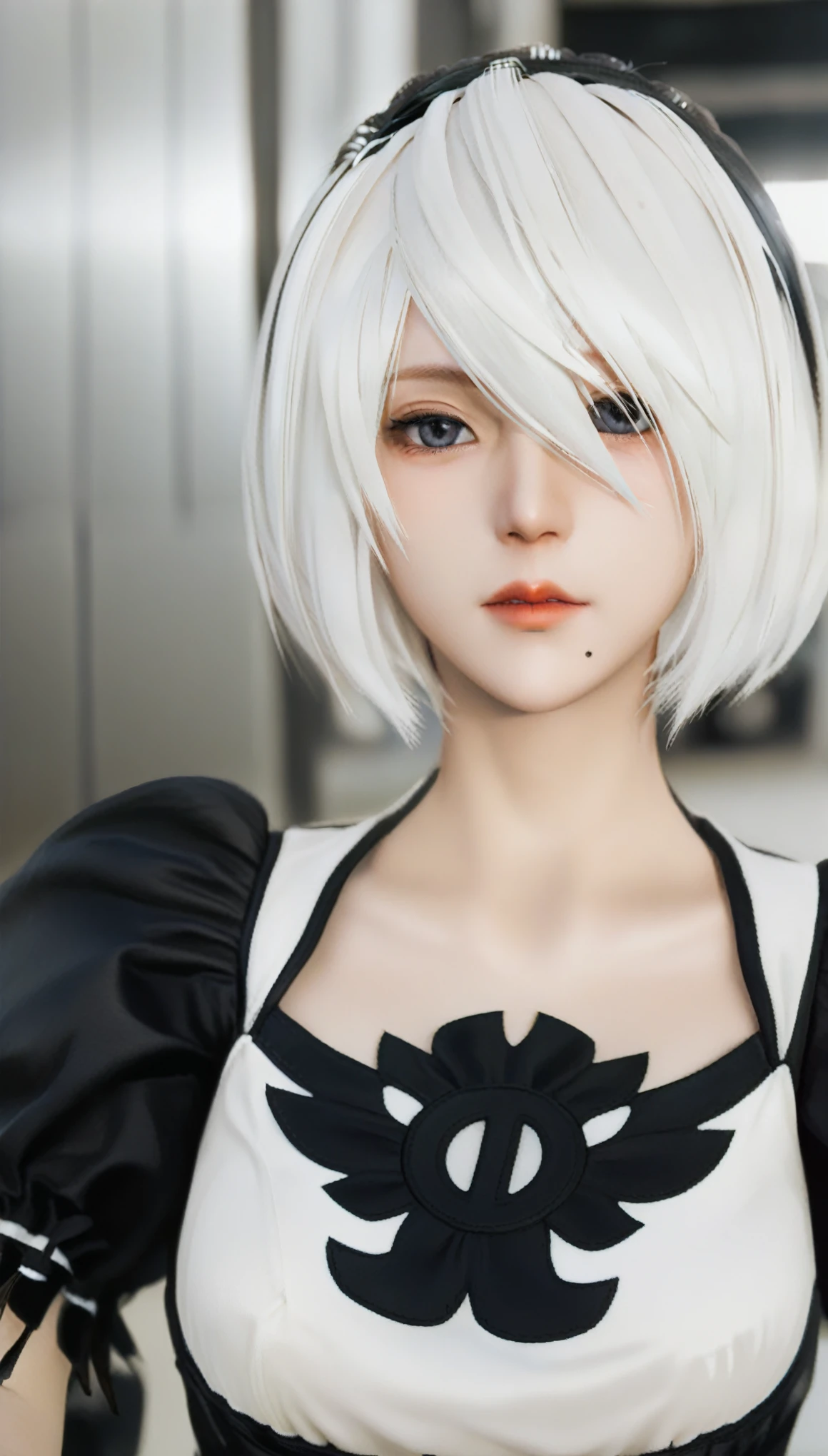 RealのSelfie、nier:Beautiful cosplay of 2B from Automata、2B takes a selfie、2Bのコスプレをした女性のSelfie、White skin、tall、Great style、Big Breasts、Small face、Small head、High nose、Beautiful Face、30 years old、British women、Half British、nier:2B&#39;s black costume from Automata、Stylish background、Light background、Blur the background、Fantasyな都市を背景に、peace sign、((2BのSelfie))、((Focus Zoom))、((Face Enhancement))、Shooting from a diagonal angle、masterpiece、highest quality、high resolution、コスプレイヤーのSelfie、Selfie、Professional Photoodel、Fantasy、Glaring at the audience、Angry expression、Cosplay Makeup、Real Cosplay Photo、Cool and beautiful photos、Wrapped in a pale white glow、good looking