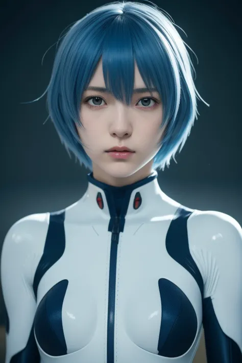 Ayanami, Blue hair blowing in the wind, short hair, (Red eyes:1.0), 
bodysuit, headgear, Plug Suit, White bodysuit,
outdoors, ci...