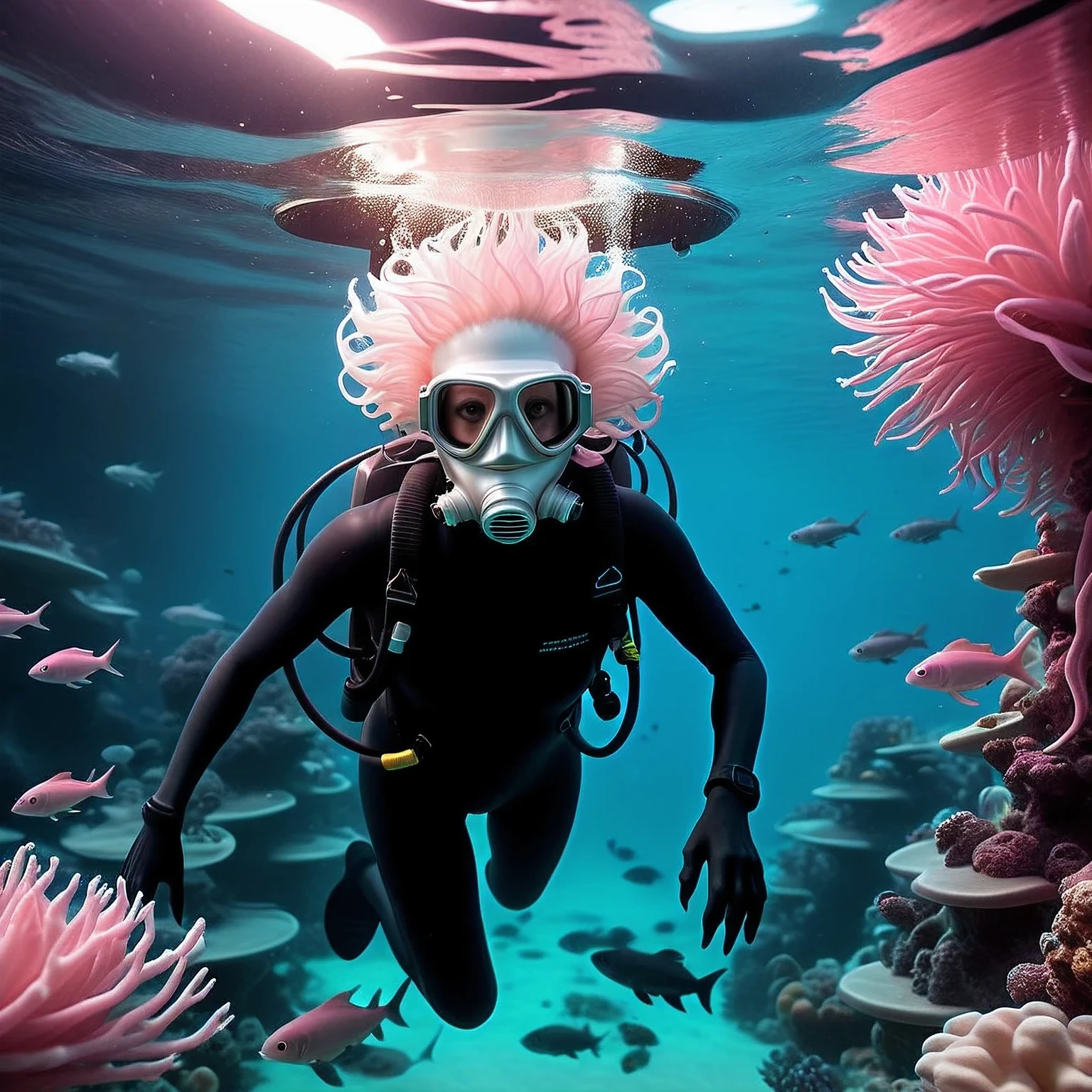 Красивое фото было сделано под водой светло-розового океана на неизвестном самолете., антропоид-гуманоид-инопланетянин-ныряльщик ныряет в глубины розового океана, инопланетянин в водолазной маске с дыхательной трубкой, инопланетный водолаз показан подробно, инопланетянин окружен неизвестными красивыми инопланетными рыбами и морскими растениями инопланетного океана, настоящийistic photo, RAW-стиль, настоящий, действительный, несуществующий, вымышленный