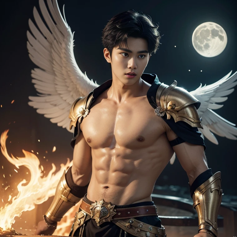 A asian boy like Mighty Archangel Michael, 19 years old, handsome, kpop idol actor, many jawline, manly chin, Full Body Shoot, (eyes contact), detailed facial parts, Manly, bare chest, bare butts, a little six packs attractive body and Quiff haircut :: high detail, is in highly detailed battle armor, holding a detailed flaming blue sword of golden pearls, detailed fingers, a flaming sacred aura radiating from his body, stylish model pose, moon background, surreal, fantasy, magical, intricate details, depth of field. Best quality, masterpiece, ultra high resolution, (anime realism, photorealistic: 1.4), perfect composition, centered, symmetry, big juicy butts. 