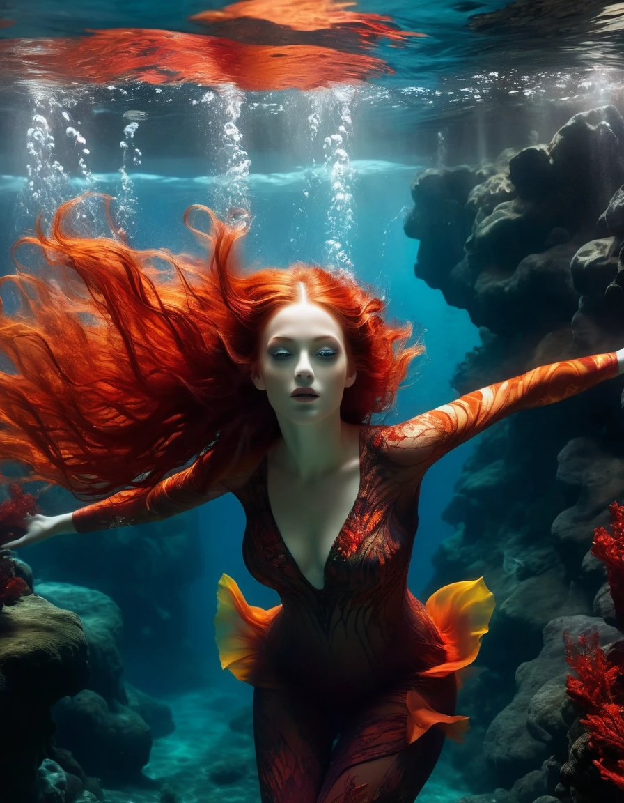 (Best picture quality, realistic: 1.37), (bright colors), beautiful hell lady diving, detailed facial features, flowing red hair, volcanic ash-like demon wings bubbling in the water, underwater background,  ethereal aura, masterpiece: 1.2, high contrast color matching, soft and warm light，