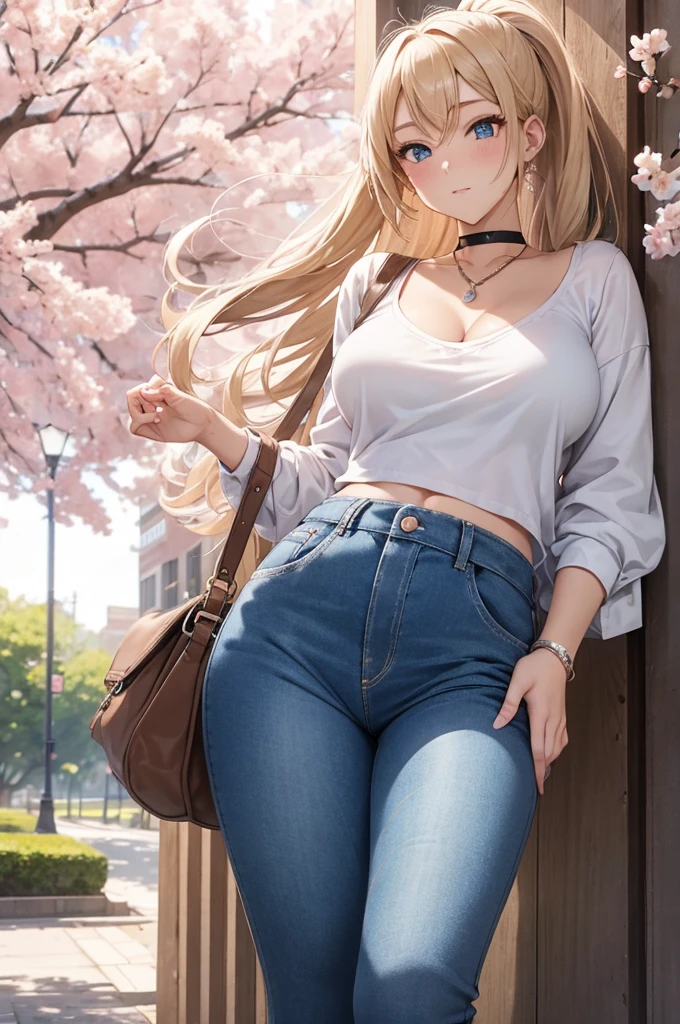 high school girl, skinny jeans, low top converse sneakers, thick bra indent, white baggy shirt, blue eyes,  blonde hair, cute, sassy, sexy, gyaru, pastel pink, high angle ponytail, D cup breasts, standing under cherry blossom tree, hourglass body type, romantic, black necklace choker, (8k, best quality 1.2), ultra-detailed, 8k uhd, soft lighting, high quality, smooth strokes, cheeky pose, bending butt outward