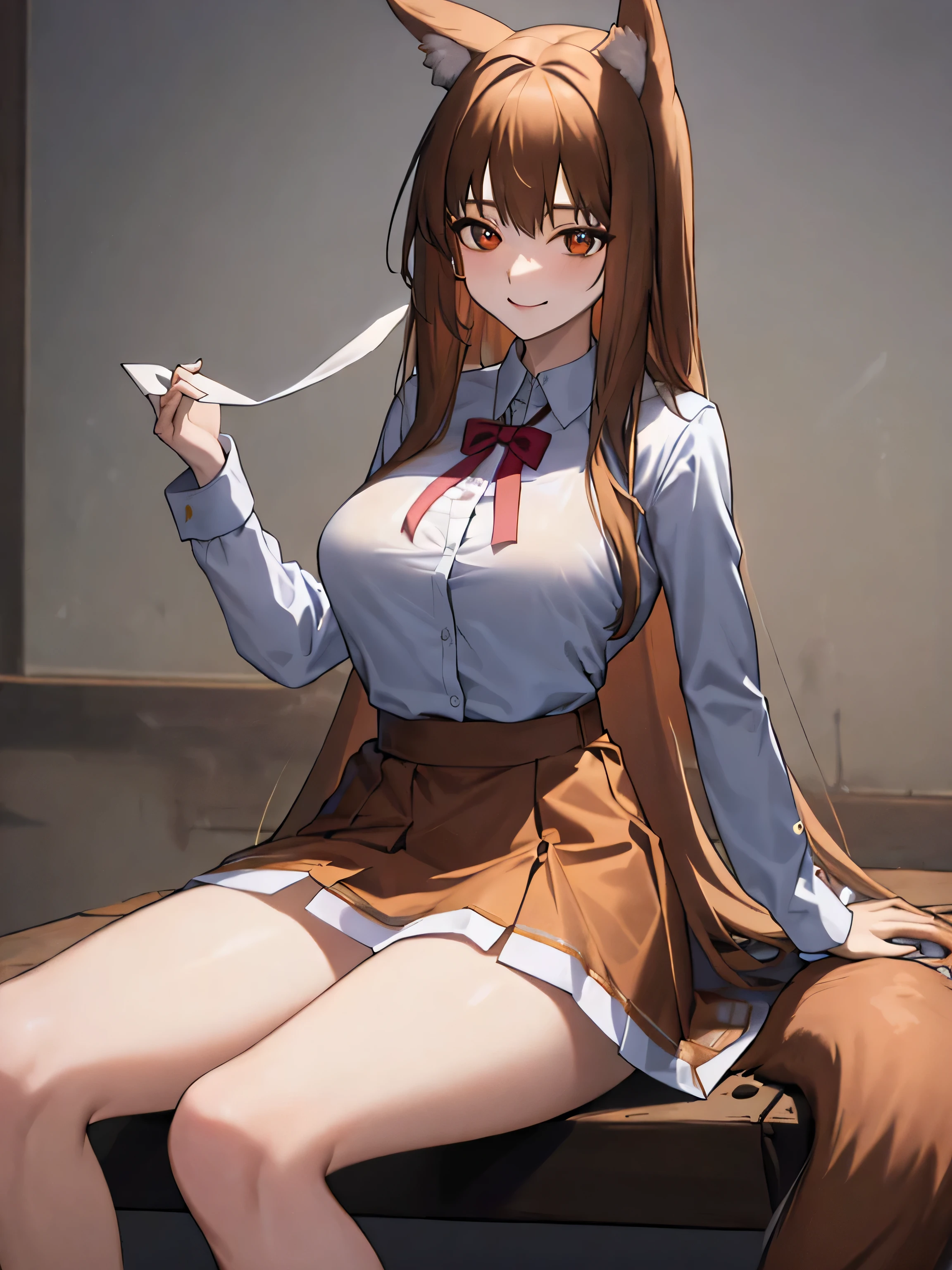 masterpiece, highest quality:1.2), Wheat field, holo, alone,Are standing, (SEXY Pose), Long Hair, Brown Hair, Dog ears, smile, (Large Breasts:1.2), White Mini＿bra, (Panties are visible:1.6, small, White), (mini skirt:1.4, Brown leather), (Fluffy tail grows,From the waist)