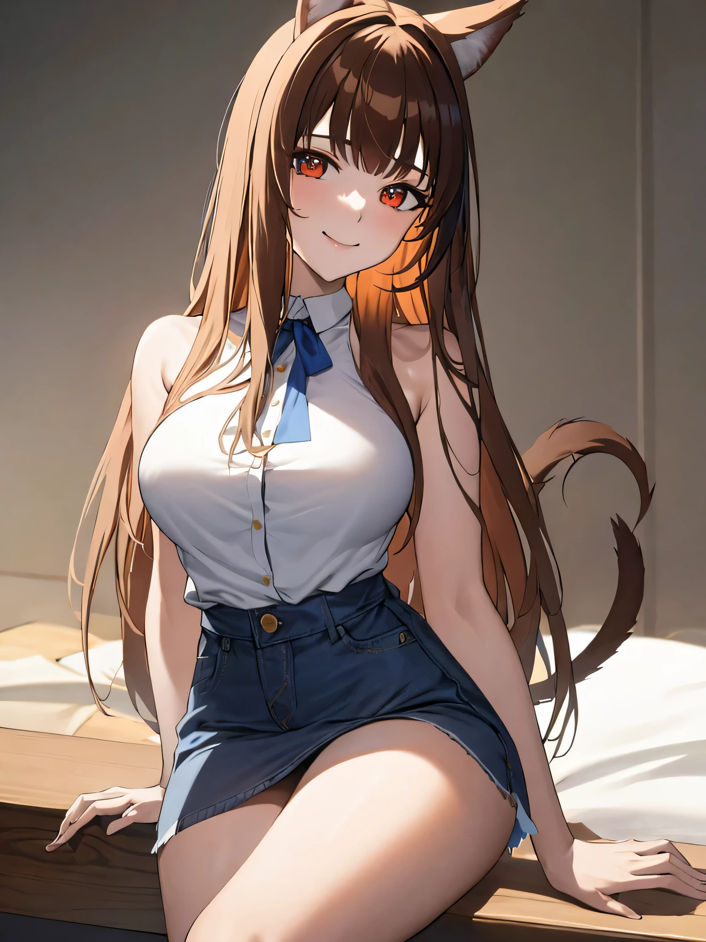 masterpiece, highest quality:1.2), Wheat field, holo, alone,Are standing, (SEXY Pose), Long Hair, Brown Hair, Dog ears, smile, (Large Breasts:1.2), White Mini＿bra, (Panties are visible:1.6, small, White), (mini skirt:1.4, Brown leather), (Fluffy tail grows,From the waist)