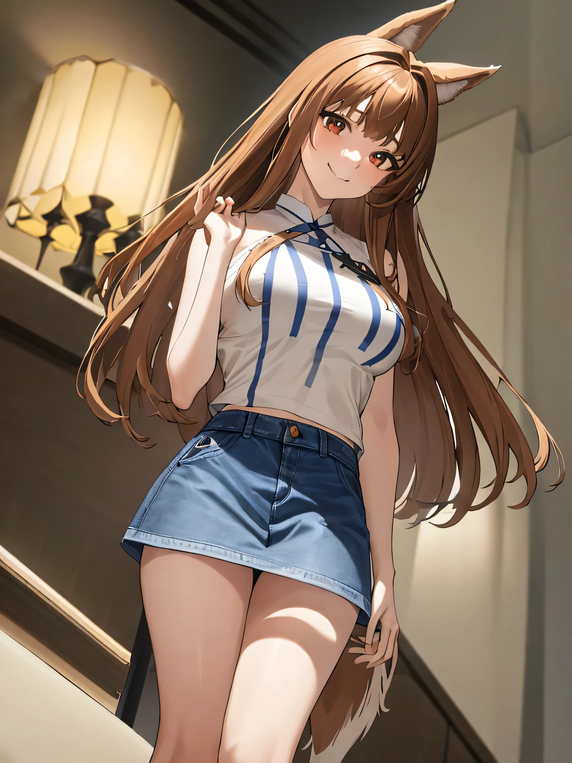 masterpiece, highest quality:1.2), Wheat field, holo, alone,Are standing, (SEXY Pose), Long Hair, Brown Hair, Dog ears, smile, (Large Breasts:1.2), White Mini＿bra, (Panties are visible:1.6, small, White), (mini skirt:1.4, Brown leather), (Fluffy tail grows,From the waist)