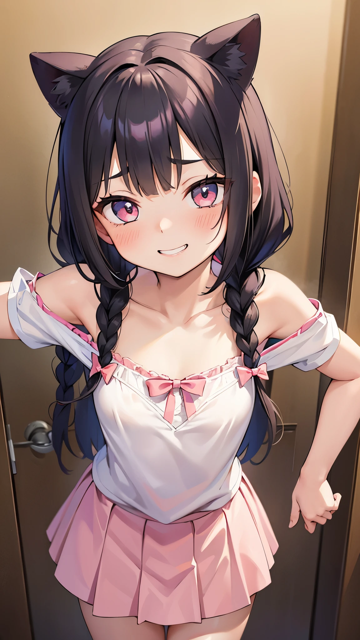 Anime girl with long hair and a cat ears in a pink skirt - SeaArt AI