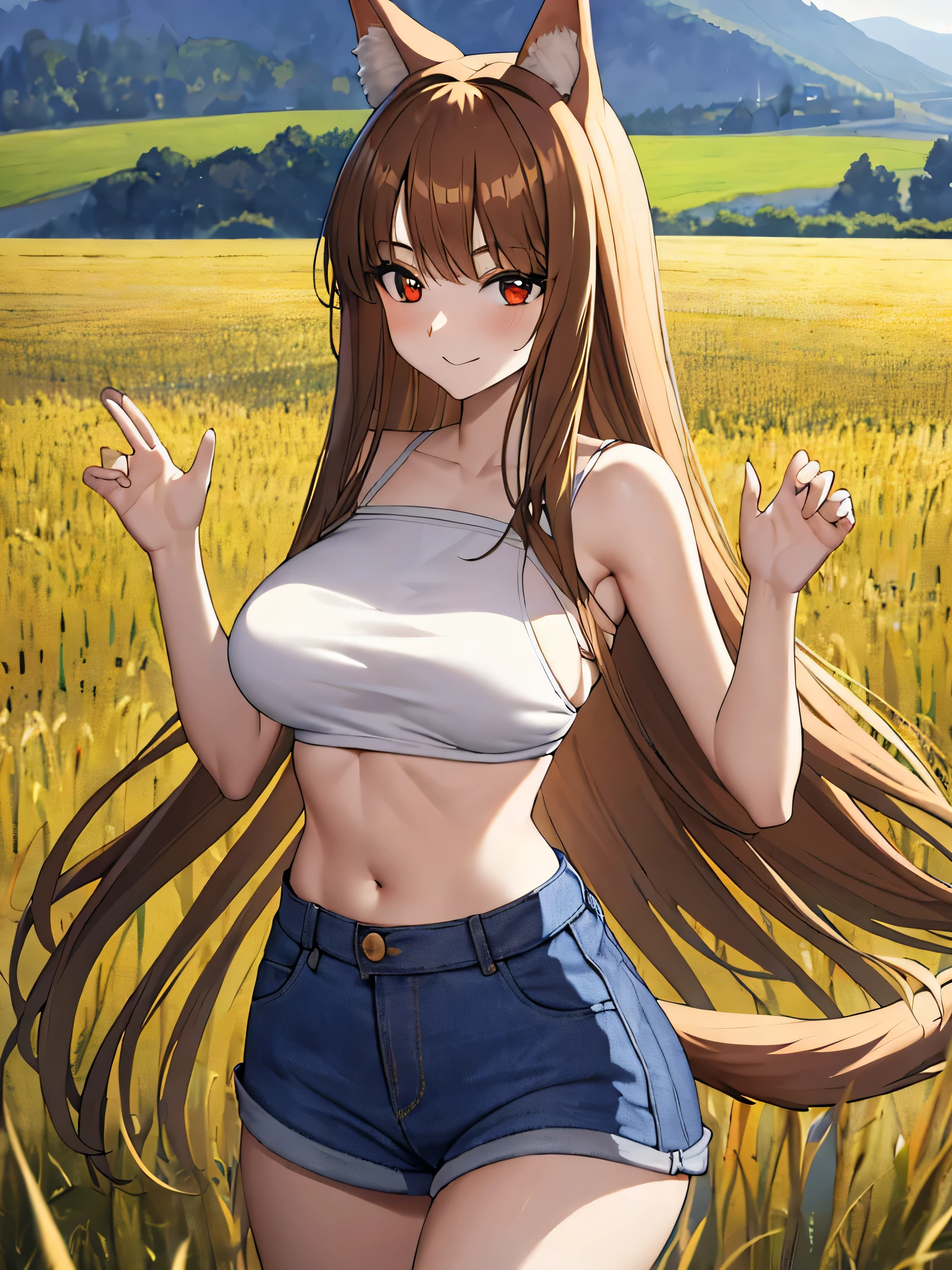 masterpiece, highest quality:1.2), Wheat field, holo, alone,Are standing, (SEXY Pose), Long Hair, Brown Hair, Dog ears, smile, (Large Breasts:1.2), White Mini＿bra, (Panties are visible:1.6, small, White), (mini skirt:1.4, Brown leather), (Fluffy tail grows,From the waist)