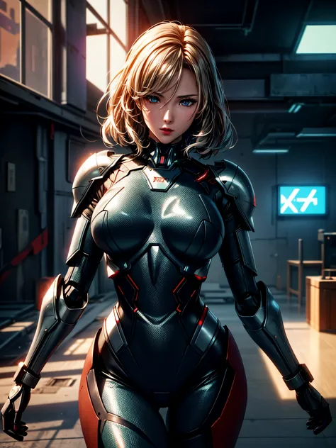 Medium shot, (Sexy female robot in futuristic armor with scratches and rust), (In a destroyed futuristic city), fantasy, Science...