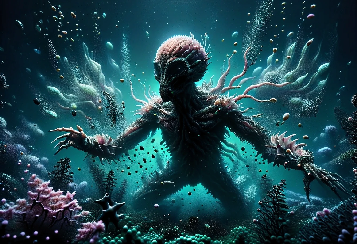 A beautiful photo was taken underwater, light pink water of an unearthly alien ocean, diving on an unknown plane, an anthropoid humanoid alien dives into the depths of the pink ocean, an alien diver is shown in detail, the greenish skin of the alien is covered with small shiny scales, fingers with sharp claws and webbing, large faceted alien eyes, the alien is surrounded by unknown alien fish and bizarre plants of the alien ocean, realistic photo, RAW style, real, real, non-existent, fictional