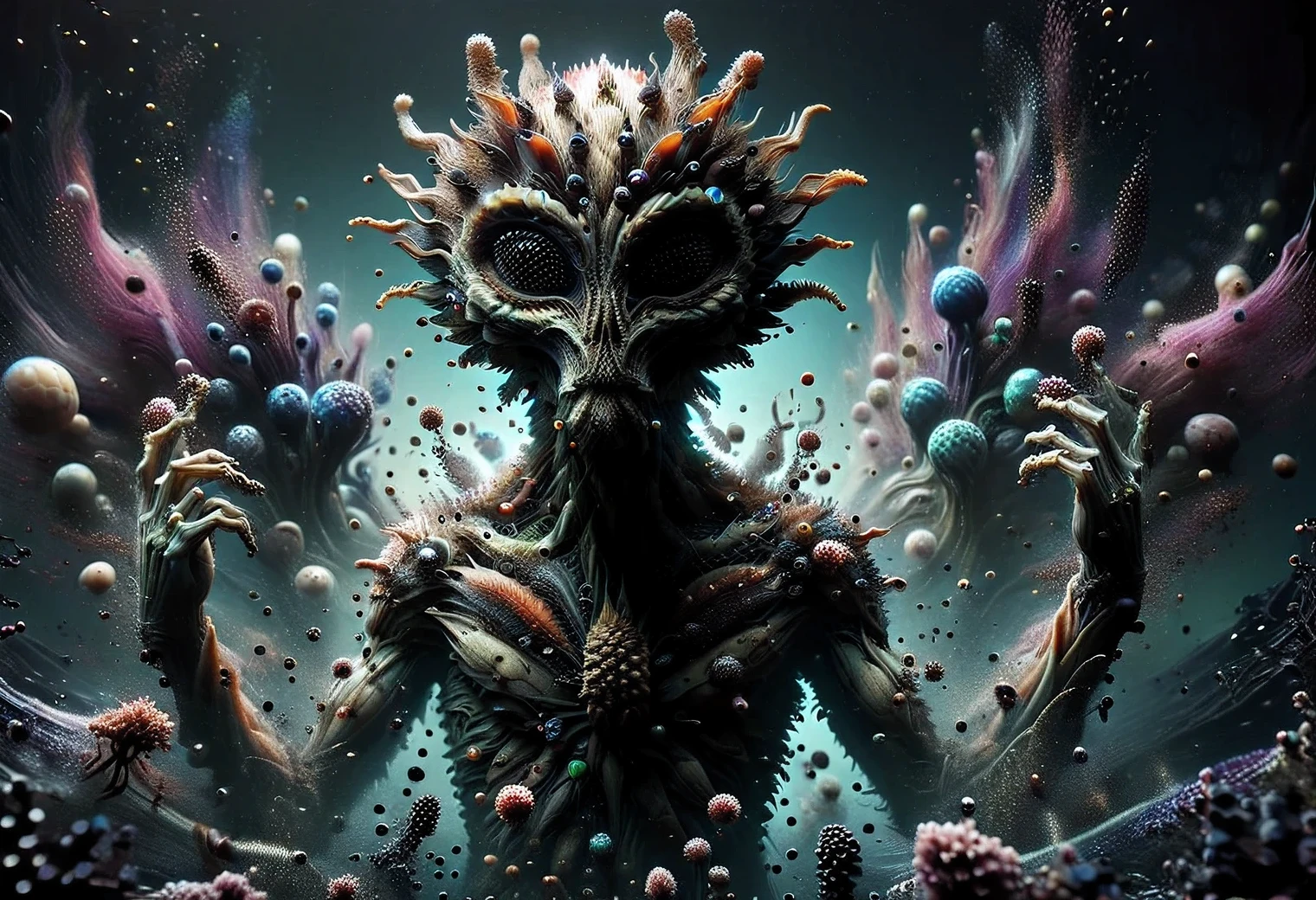 A beautiful photo was taken underwater, light pink water of an unearthly alien ocean, diving on an unknown plane, an anthropoid humanoid alien dives into the depths of the pink ocean, an alien diver is shown in detail, the greenish skin of the alien is covered with small shiny scales, fingers with sharp claws and webbing, large faceted alien eyes, the alien is surrounded by unknown alien fish and bizarre plants of the alien ocean, realistic photo, RAW style, real, real, non-existent, fictional