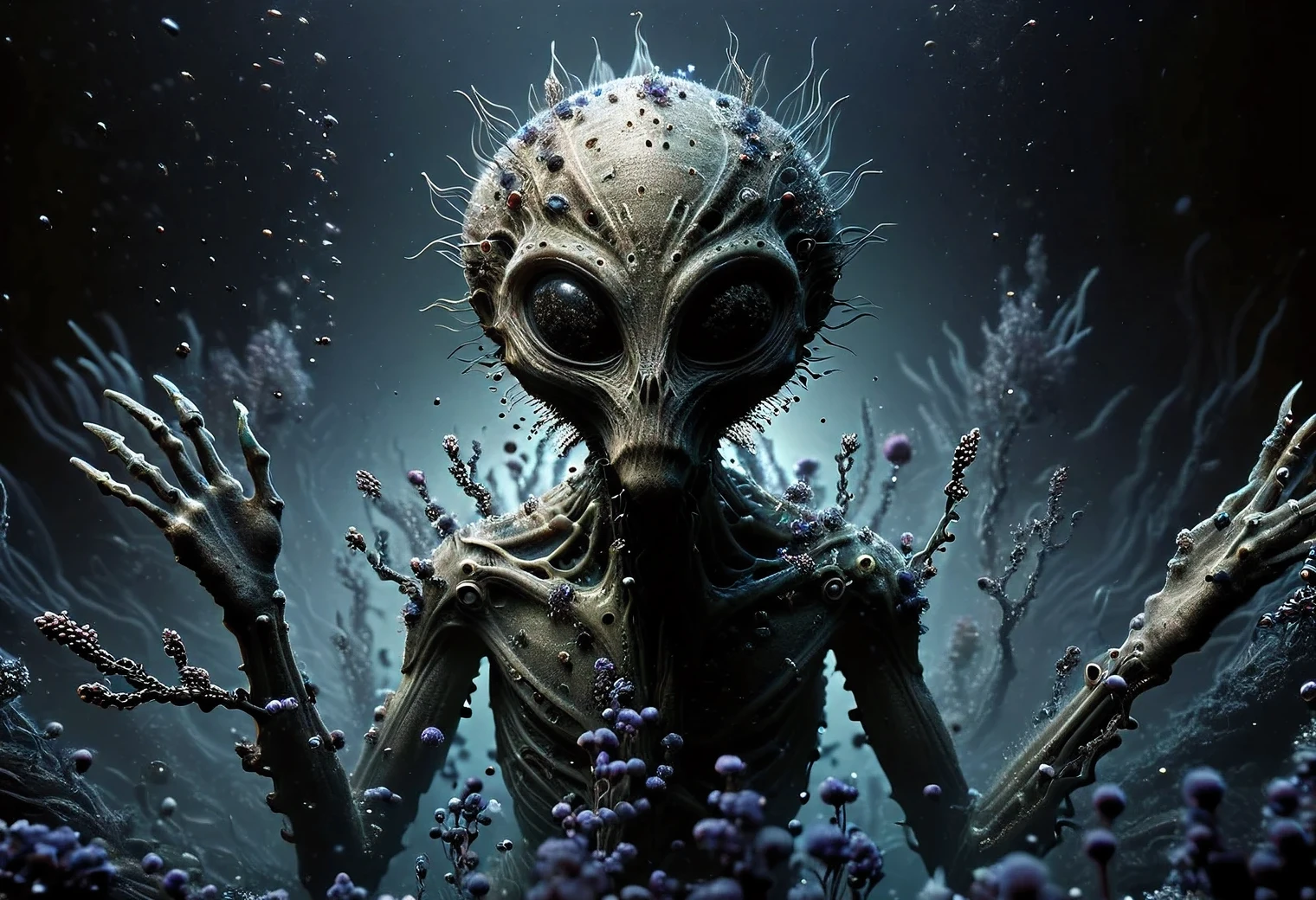 A beautiful photo was taken underwater, light pink water of an unearthly alien ocean, diving on an unknown plane, an anthropoid humanoid alien dives into the depths of the pink ocean, an alien diver is shown in detail, the greenish skin of the alien is covered with small shiny scales, fingers with sharp claws and webbing, large faceted alien eyes, the alien is surrounded by unknown alien fish and bizarre plants of the alien ocean, realistic photo, RAW style, real, real, non-existent, fictional