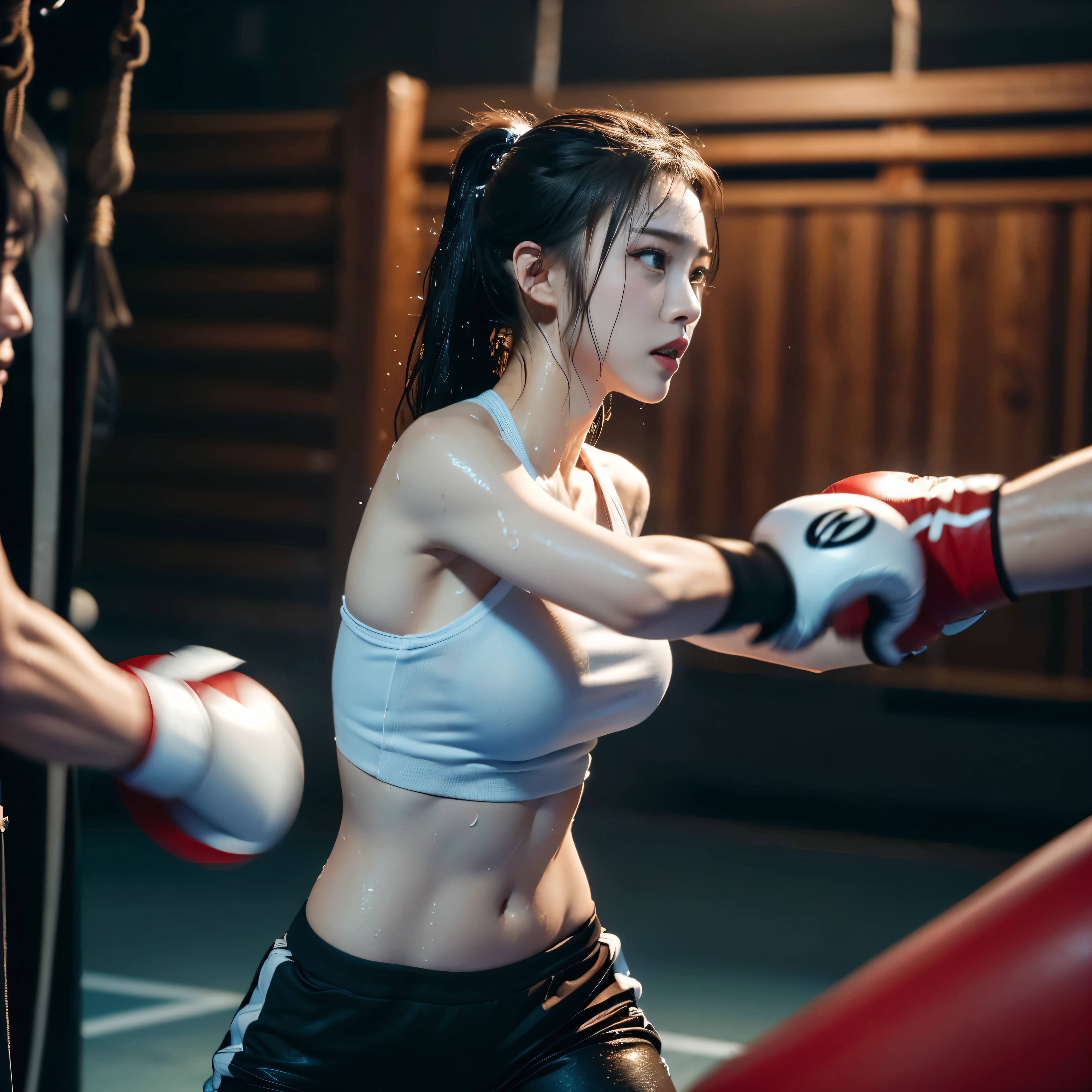 (la plus haute qualité、8k、haute résolution、chef-d&#39;œuvre:1.2)、Jeune et belle femme、Gros seins、(boxe)、(frapper le sac de frappe:1.5)、Mouvement rapide、(Effet de flou de mouvement:1.5)、(en regardant la caméra:1.0)、(Corps mouillé de sueur)