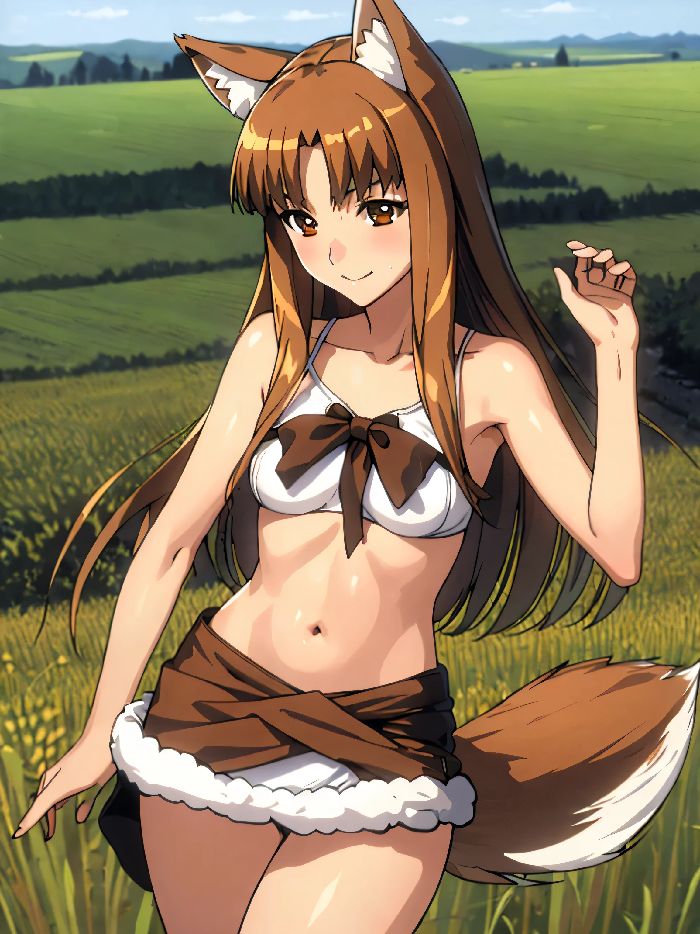 masterpiece, highest quality:1.2), Wheat field, holo, alone,Are standing, (SEXY Pose), Long Hair, Brown Hair, Dog ears, smile, (Large Breasts:1.2), White Mini＿bra, (Panties are visible:1.6, small, White), (mini skirt:1.4, Brown leather), (Fluffy tail grows,From the waist)