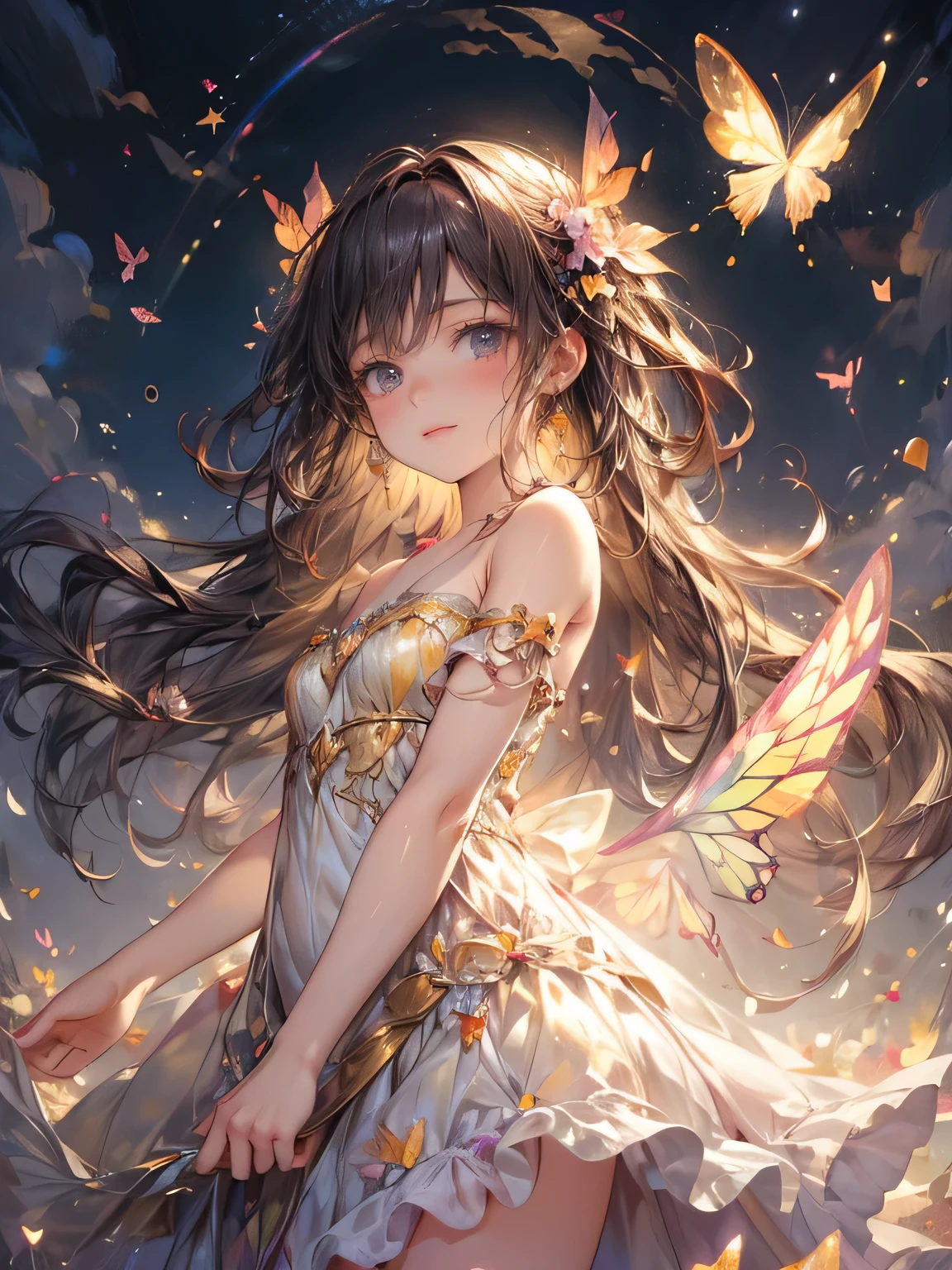 masterpiece, highest quality, 8k, highres, beautiful highest details, soft sunlight, butterfly spirit girl, in flower garden, yellow dress, bare shoulder, strapless, tears, rainbow butterfly wings:1.2, flying sky:1.2, view from below, delicate eyes, sparkling eyes, bright rosy lips, gentle smile, looking up at the sky, 