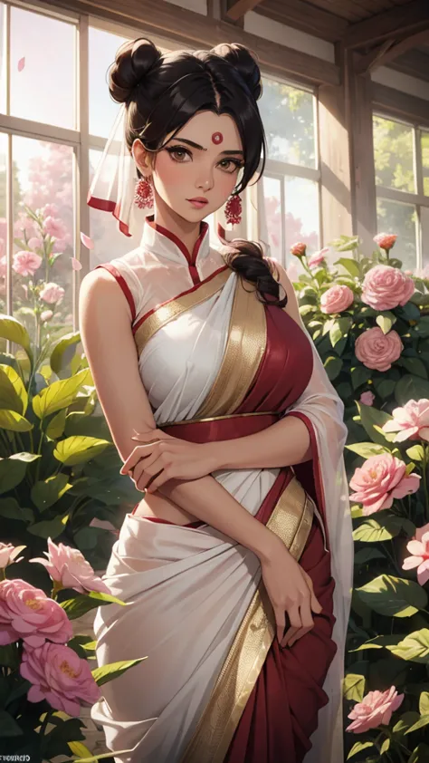 masterpiece, absurdres, tenten\(naruto\), 1girl, solo,mature female, wearing indian saree, saree has blouse sleeveless,white sar...