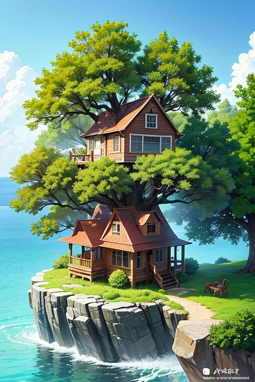 Perfection The Coolest tree house on a large rock in the middle of the sea with flowers in front of the house and trees on both sides of the house
