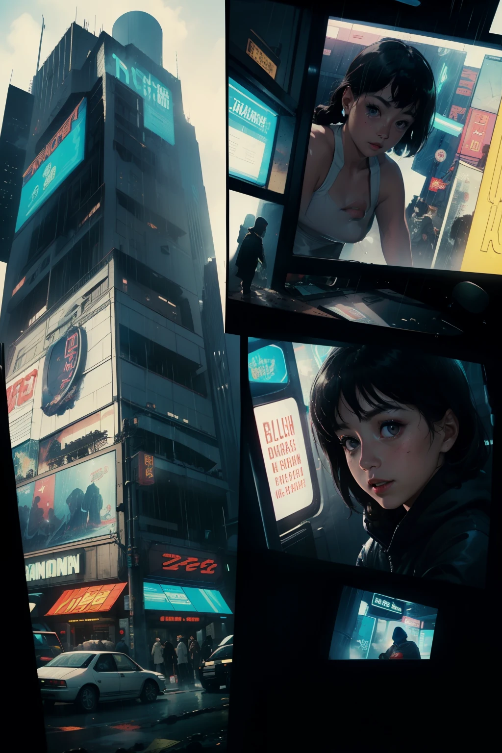 ((highest quality)), ((masterpiece)), (be familiar with), (High definition), (Accurate), (Realistic), (Cinematic), (Best Shadow), (Low contrast), (8K), Perfect Face, ((SYD MEAD style)), manga、mangaデザイン、Storyboard、Frame division、((1 Girl))、(Replicant), ((Black Hair, very short hair, Blue Eyes)), (Black hooded raincoat)、Glittering neon signs、congestion, congestion, Decadent Future City, NEO TOKYO, A.D.2051, (steam:1.2), It's raining white, evening, Bust shot of a girl