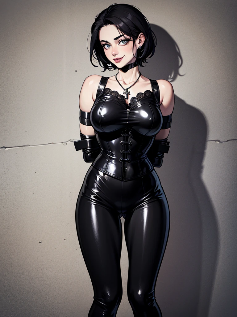 absurdres, 8k, 4k, masterpiece, hyper extreme detailed:1.2), best quality, expressive eyes, highres, perfect eyes, 1girl, perfect face, perfect hands,short Hair, Black hair, braided, large bust, crazy face, crazy eyes, crazy smile, gothic, cross necklace, black corset, latex pants, curious, half body, street clothing, graphic corset, standing, leaning against wall, gothic, pale skin, absurdquality, shocked, concerned, confused,latex_pants, pants , smile, black pants, wall background, mature, adult, bound, bondage, (arms behind back:1.4), bdsm, tape gag, tape, tape bondage, restrained, tape wrapped, wrap gag, bondage, taped wrists, taped breasts, taped mouth, taped elbows, taped forearms, standing up,