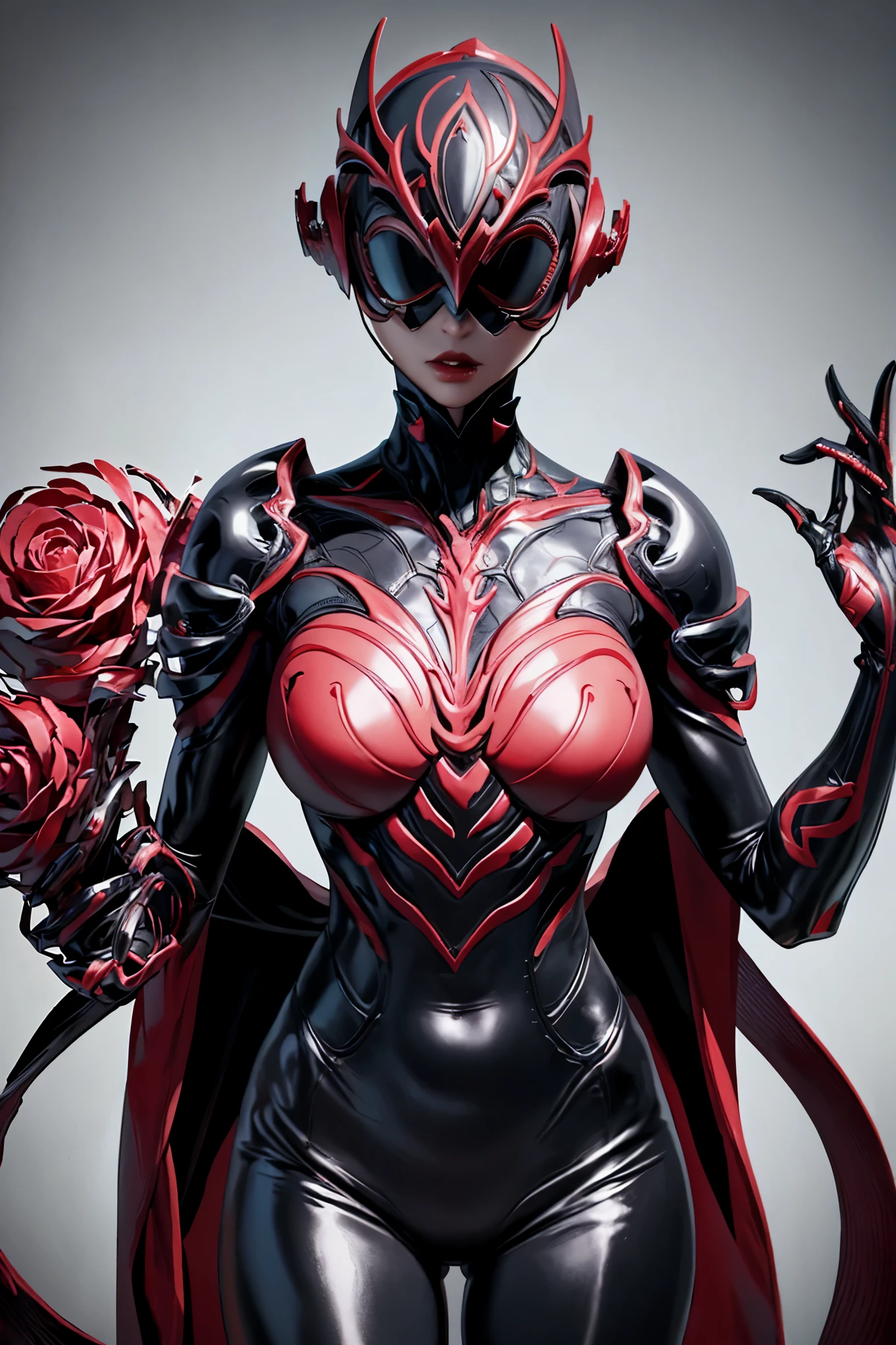 Belle fille fusionnée avec une rose. (Haute qualité) （couleur d&#39;image noire et rouge）. le maillot de corps. robe de reine. cyberstyle. Modèle de circuit. Armure biologique. Casque biologique. masque pour les yeux.