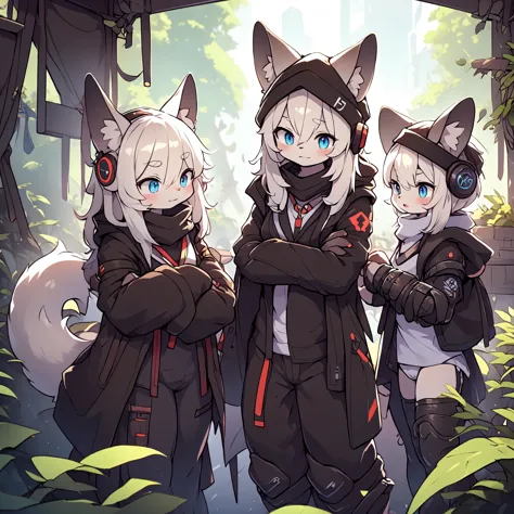 Kawaii, Striped Fluffy Fox, emaciated, long hair, 3girls, artificial synthetic skin, life support prosthetics, digital headphone...