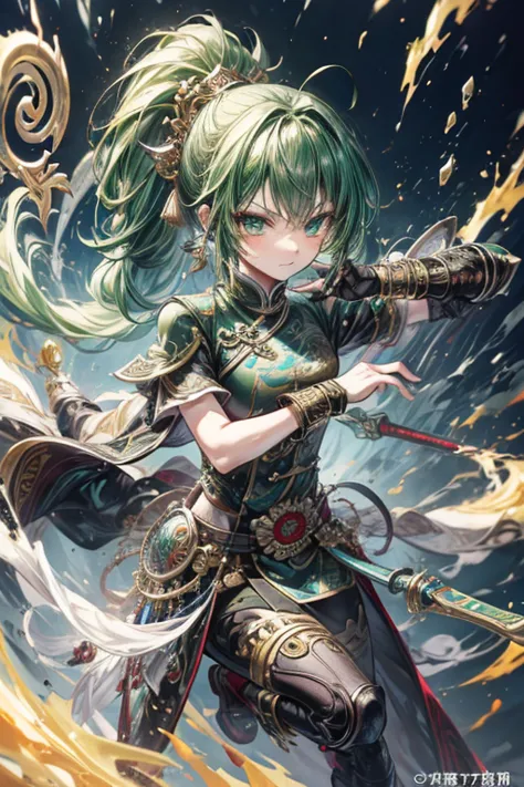 (masterpiece, best quality), 1boy, (anime), short green hair, ponytail, jade and gold chinese armor, wielding a jade and gold gl...