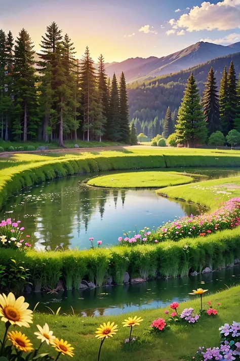 The house in the forest by the small lake at the side of the house with the mountain and flowers in the sunset