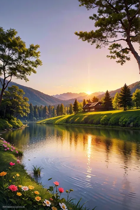 The house in the forest by the small lake at the side of the house with the mountain and flowers in the sunset