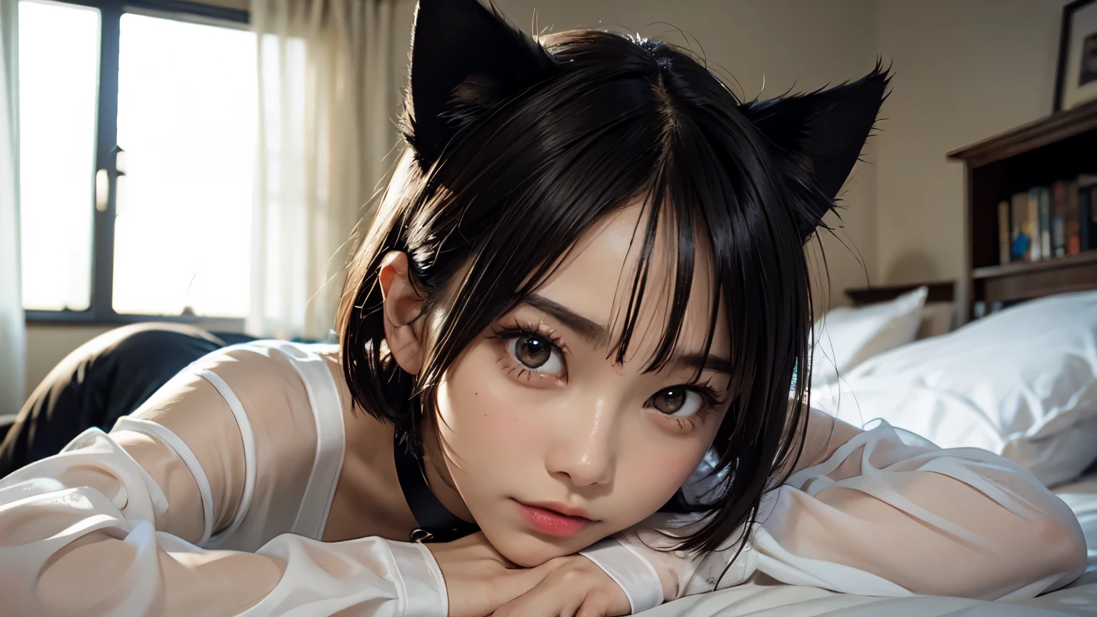 (8K, Raw photography, top-quality, ​masterpiece :1.3), (small skinny japanese girl in see through rubber bodysuit, small perky breasts, small collar, cat ears, fear in her face :1.3), (beautiful detailed eyes, beautiful detailed lips, no lipstick, extremely detailed face, small hips :1.1), (posing anxiously on the bed :1.1) (pixie shaved hair cut :1.1)