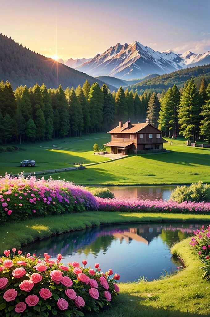 The house in the forest by the small lake at the side of the house with the mountain and flowers in the sunset, and also has luxury car parking in front of the house