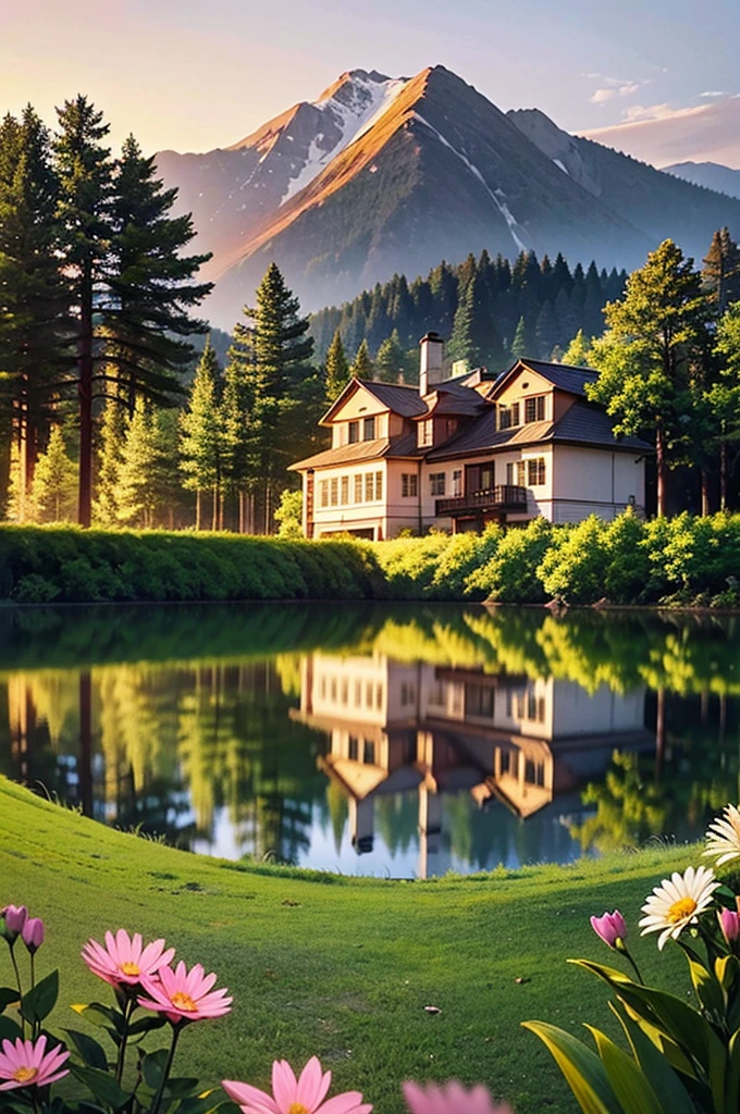 The house in the forest by the small lake at the side of the house with the mountain and flowers in the sunset, and also has luxury car parking in front of the house