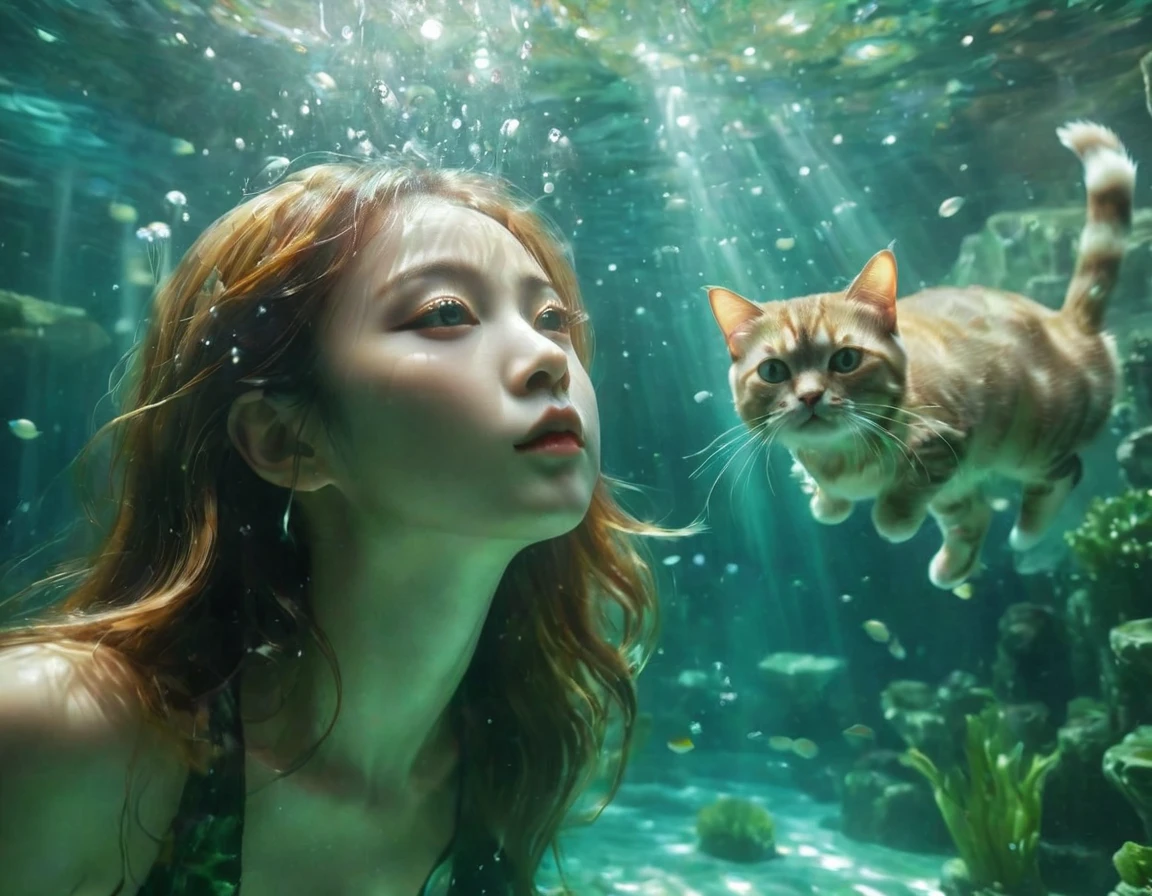 1cat，1girl，diving，diving，diving，diving，diving，blingbling ocean，under water，Motion blurred，Movie-level lighting effects，close up，detailed face，jade