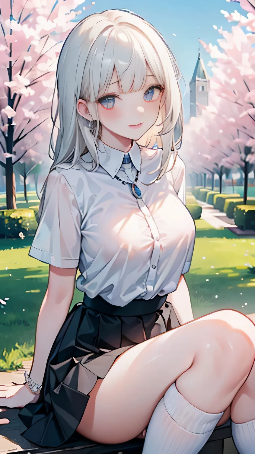 Anime girl sitting on a bench in a park with cherry trees - SeaArt AI