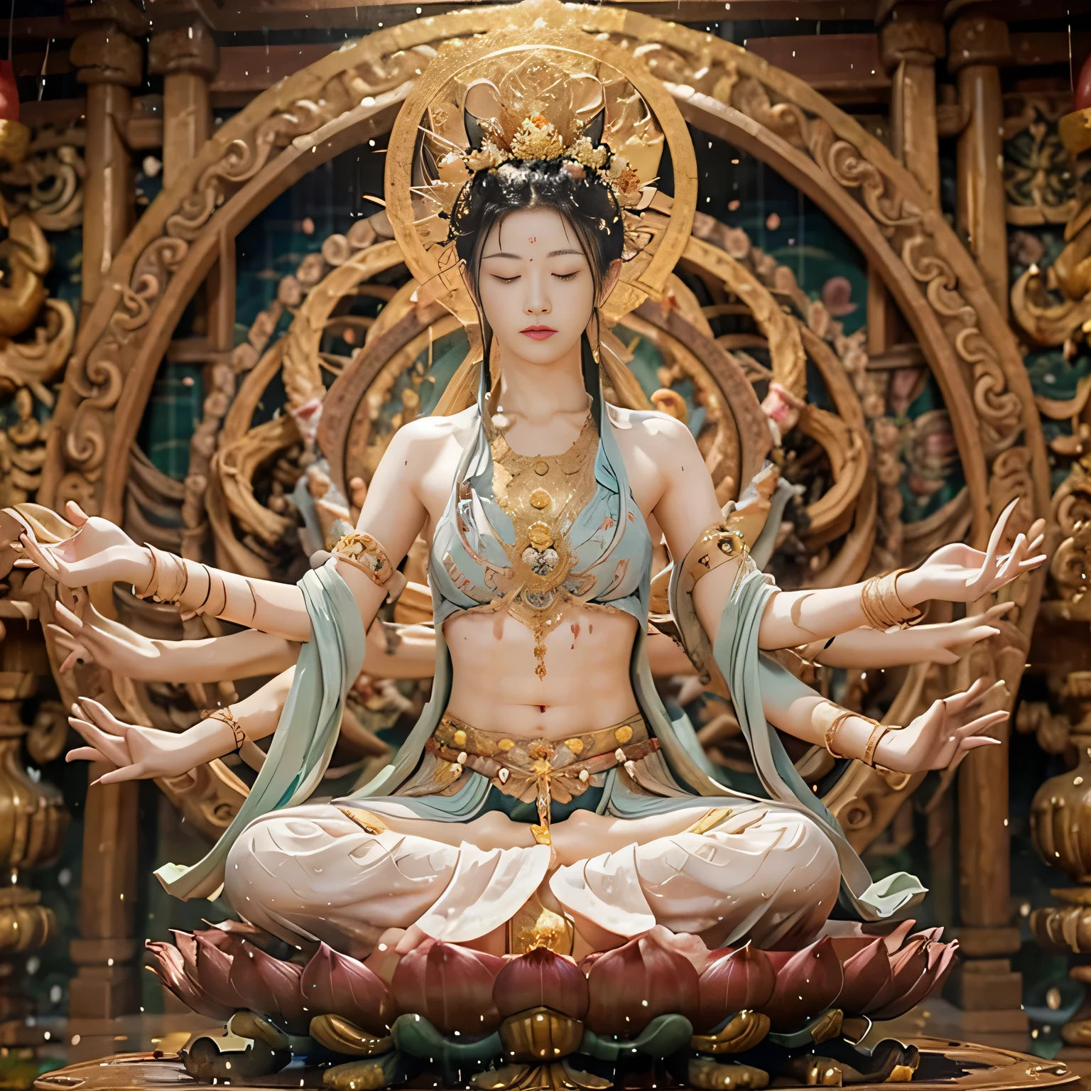 Nackte nackte zen weibliche Kannon Bodhisattva，Mein ganzer Körper ist schweißgebadet, Detailliertes Gesicht, Im Schneidersitz auf einem mit Blumen verzierten Lotuspodest sitzend、Zur Meditation, （Sie faltete die Hände），Das&#39;Es&#39;Es regnet stark um dich herum, Symbolisiert Ruhe und Entspannung. ,Der Hintergrund ist ein natürliches und aktives Bild、Zitate für inneres Glück und Wohlstand, Im Licht