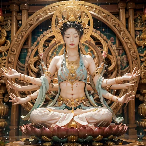 naked naked zen female kannon bodhisattva，my whole body is drenched in sweat, detailed face, sitting cross-legged on a flower-de...