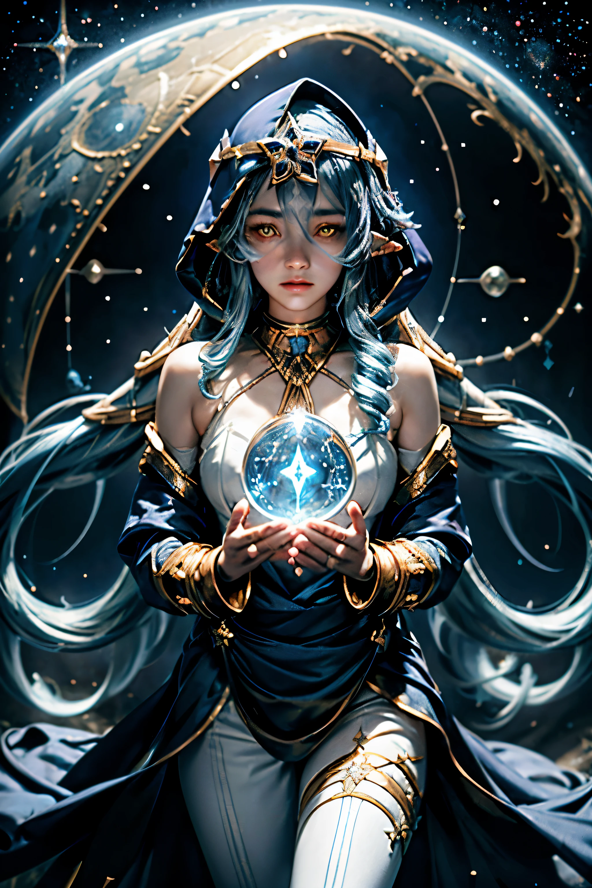 (1 solo girl, Long wavy blue hair, Yellow eyes, Blue and white clothes, White leggings, Blue hood, Gold details and accessories, Bare shoulders) ((Close-up of the photo, Floating in space)) (Masterpiece), (Best quality:1.4), Absurdities, [:Complex details:0.2], 1girl, Flowing robes, Complex magic circuits, A glowing map of stars, constellations and galaxies, Shimmering halo, Intense focus, Arcane spells, Energy crackles, Lifting antiques, Flickering candles, Swirling fog, Sparkling stars, Mystical crystals, Glowing sigils, Other worldly chants, Mysterious symbols, Strong call, Transcendent consciousness, Cinematic light, cinematic shot, Dramatic shot, Aesthetic movie poster